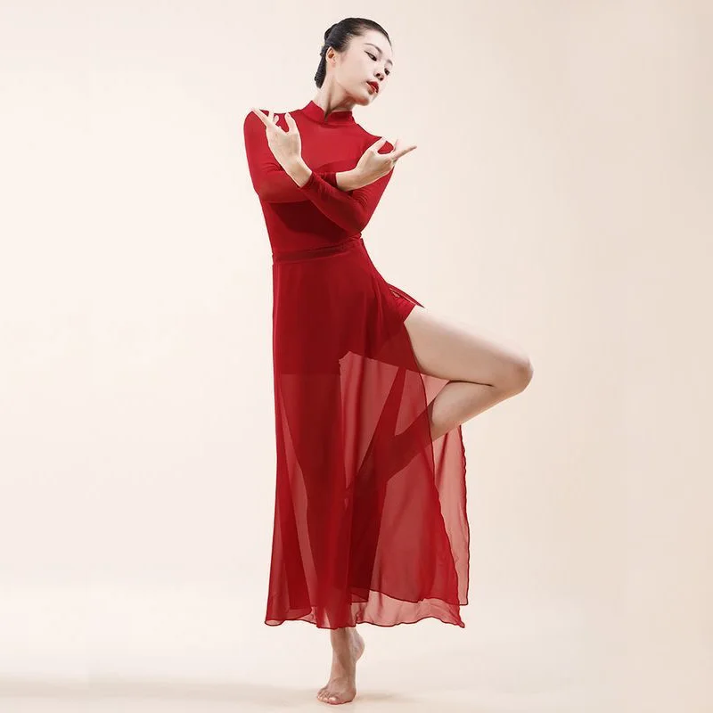 

Китайский классический танец в этническом стиле Cheongsam с высокой талией и разрезом, одежда для современных танцев, профессиональный костюм для выступлений