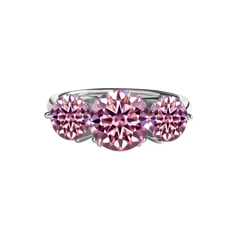

S925 Sterling Silver 4CT Pink Moissanite 3-Stone Ring Luxury Iced Out Engagement Wedding Band Elegant Bridal Finger Jewelry