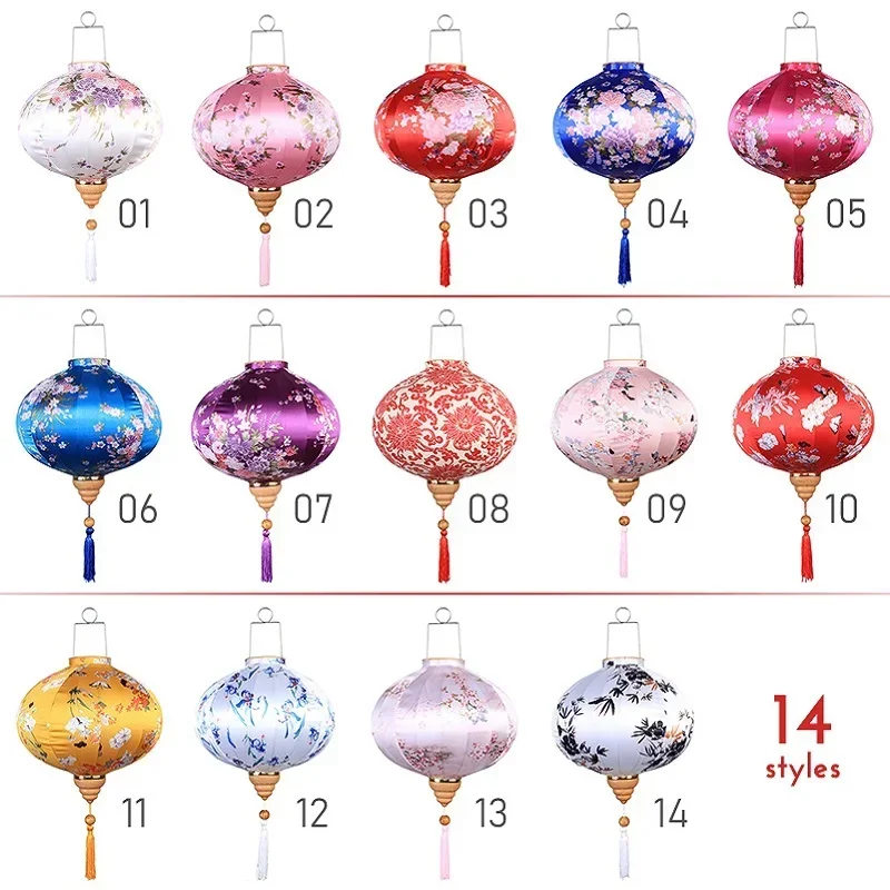 Chinese Style 12/14Inch Retro Floral Printed Silk Lantern Japan Vietnam Traditional Lantern for New Year Wedding Festival Decor