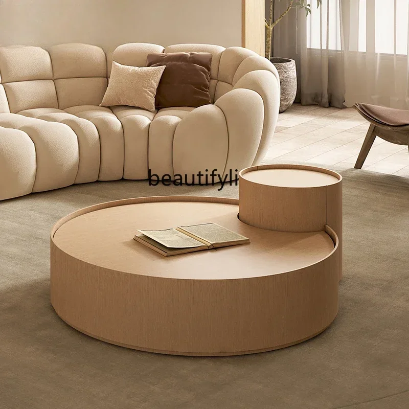 Log color coffee table Japanese style wabi-sabi wind minimalist modern   small apartment design sense round coffee table