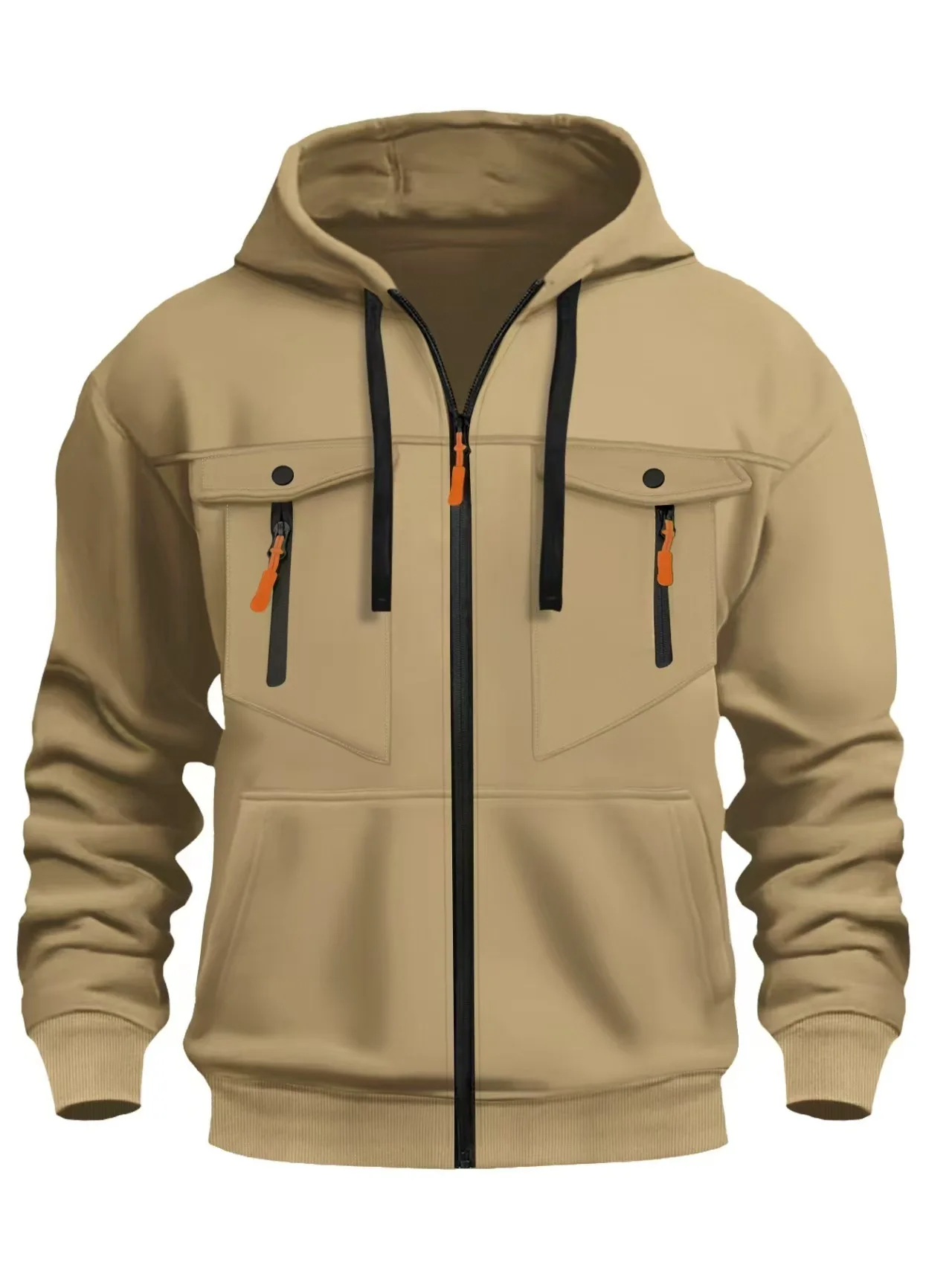 Men Tactical Cargo Hoodie Full Zipper Multi Pocket Sweatshirt Autumn Outdoor Casual Hooded Jacket Drawstring Long Sleeve Coat