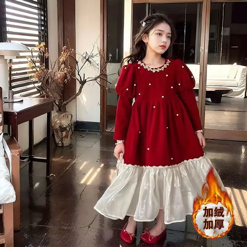 

2025 autumn winter Europe retro Kids girl clothes red pearl splicing princess Dresses teenager Corduroy 4 5 6 8 9 10 11 12 year