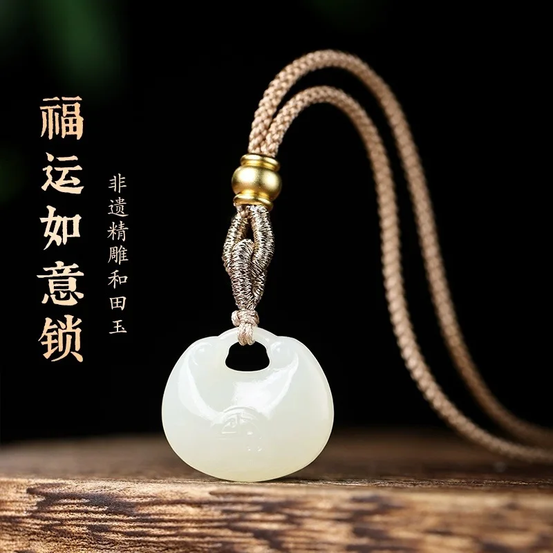 

Hetian Jade Peace Longevity Lock Pendant Ruyi Lock for Baby Girls Children Jade Necklace Fortune Bag Jade Pendant Gifts