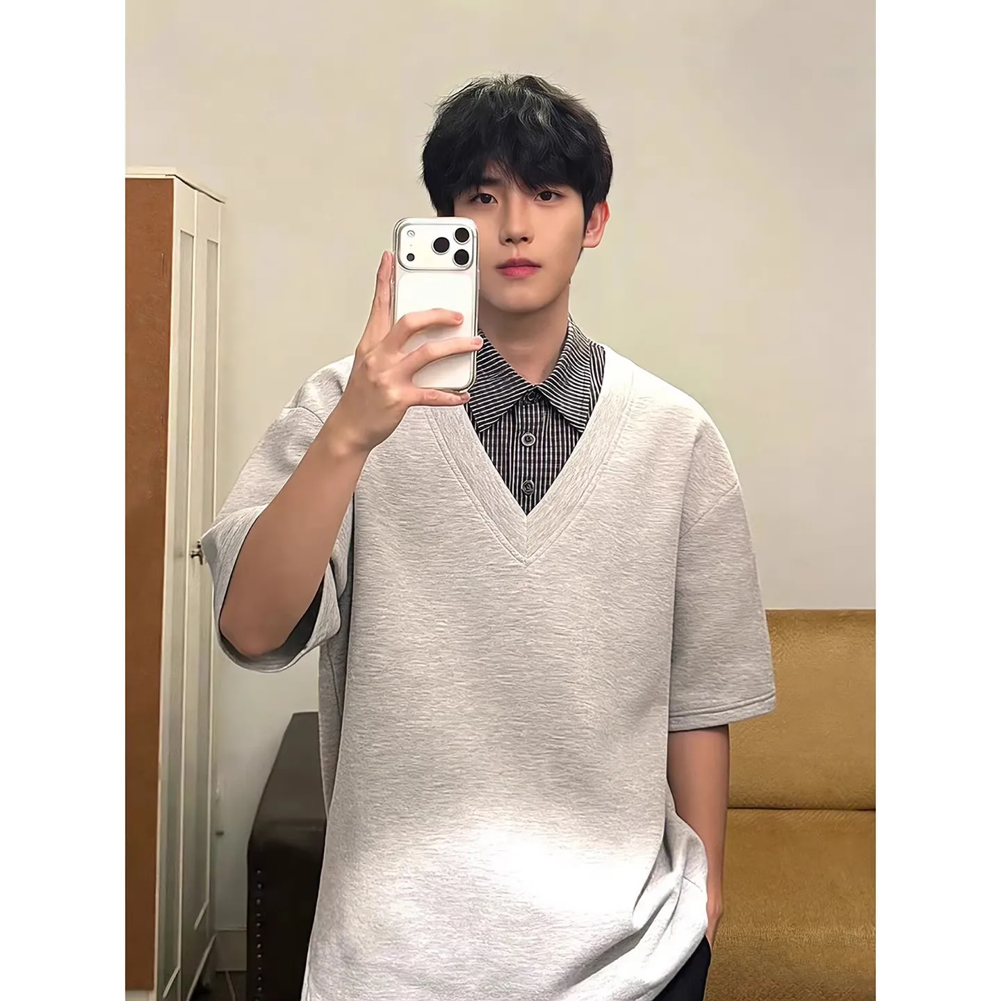 

Fake Two-Piece Polo Sh, Short-Sleeved Men's Summer Striped Patchwork Sh With Collar, Loose Casual Five-Quarter Sleeve