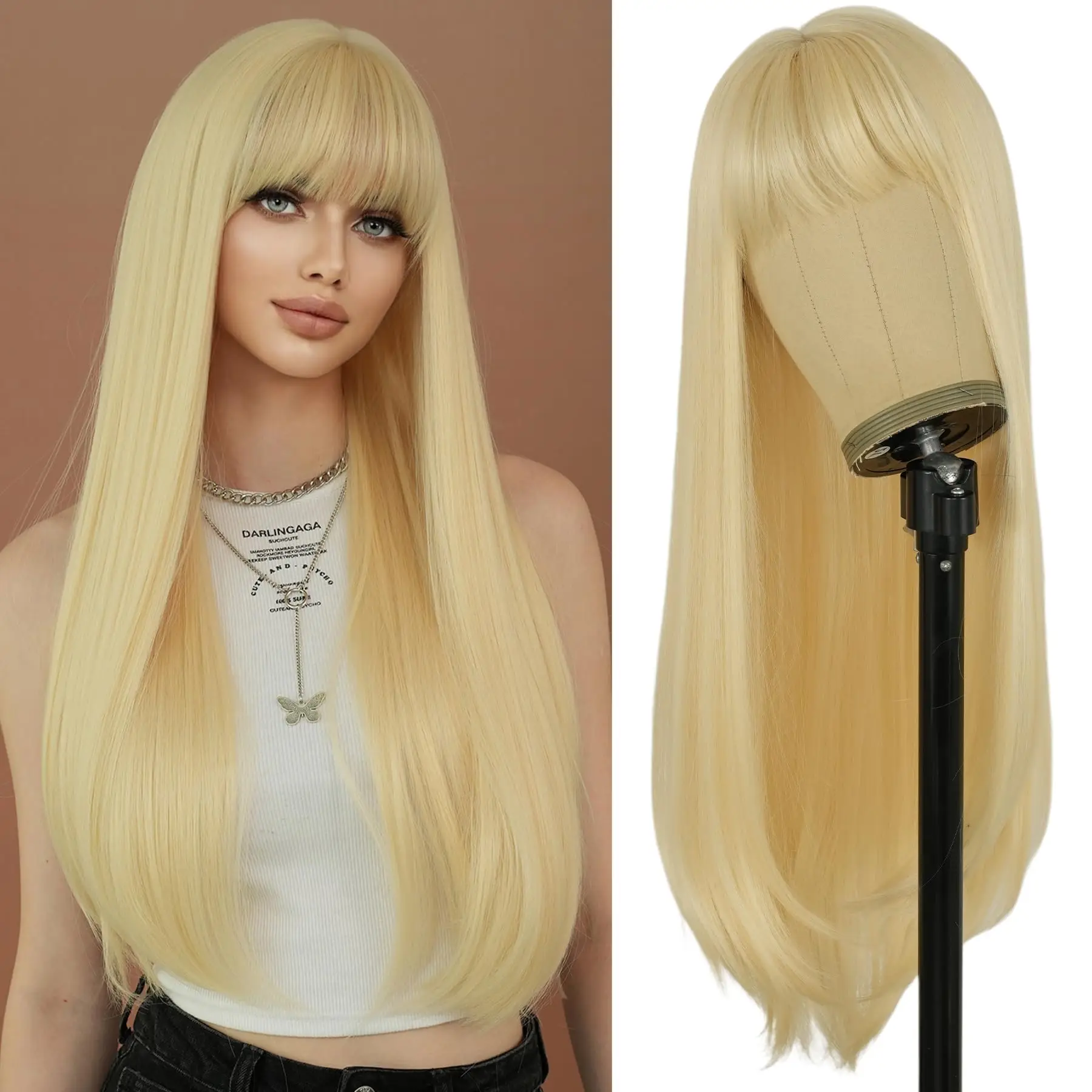 Peluca sintética - Cabello largo y liso dorado - Peluca para fiestas de Halloween y cosplay - Peluca de uso diario - Peluca de fibra capilar resistente a altas temperaturas