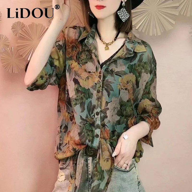 

Summer New Fashion Turn-down Collar Three Quarter Floral Printing Button Shirt Women Casual Loose Thin Style Chiffon Cardigan