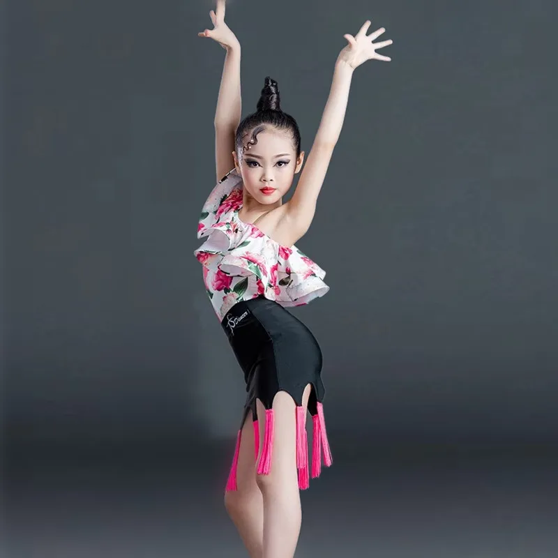 

Leaf Sleeve Latin Dance Dress Suit Girls Fringed Dress Slit Suit Child Latin Dance Dresses Kids Practice dance Clothes