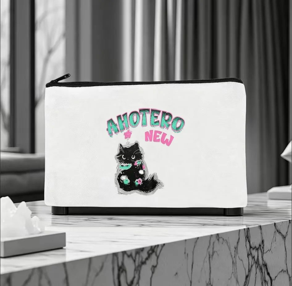 1PC Graffiti Text Black Fluffy Cat Ahotero New Canvas Cosmetic Bag Portable Zipper Pouch