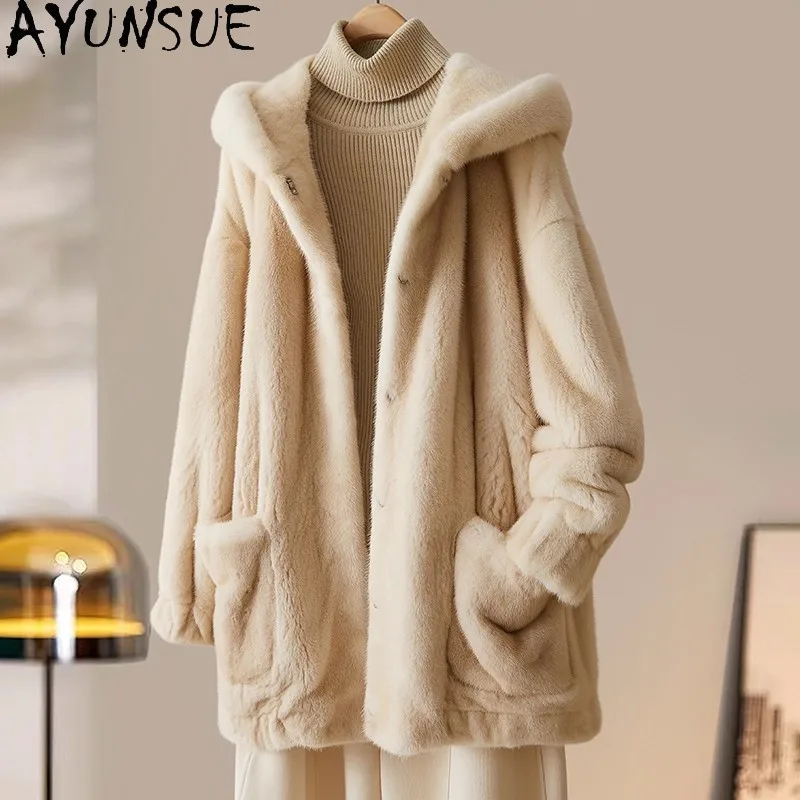 AYUNSUE Real Fur Coat Women Clothes Warm Natural Mink Womens Coats Hoodie Winter Jacket 2025 New in Outerwears Шуба Женская
