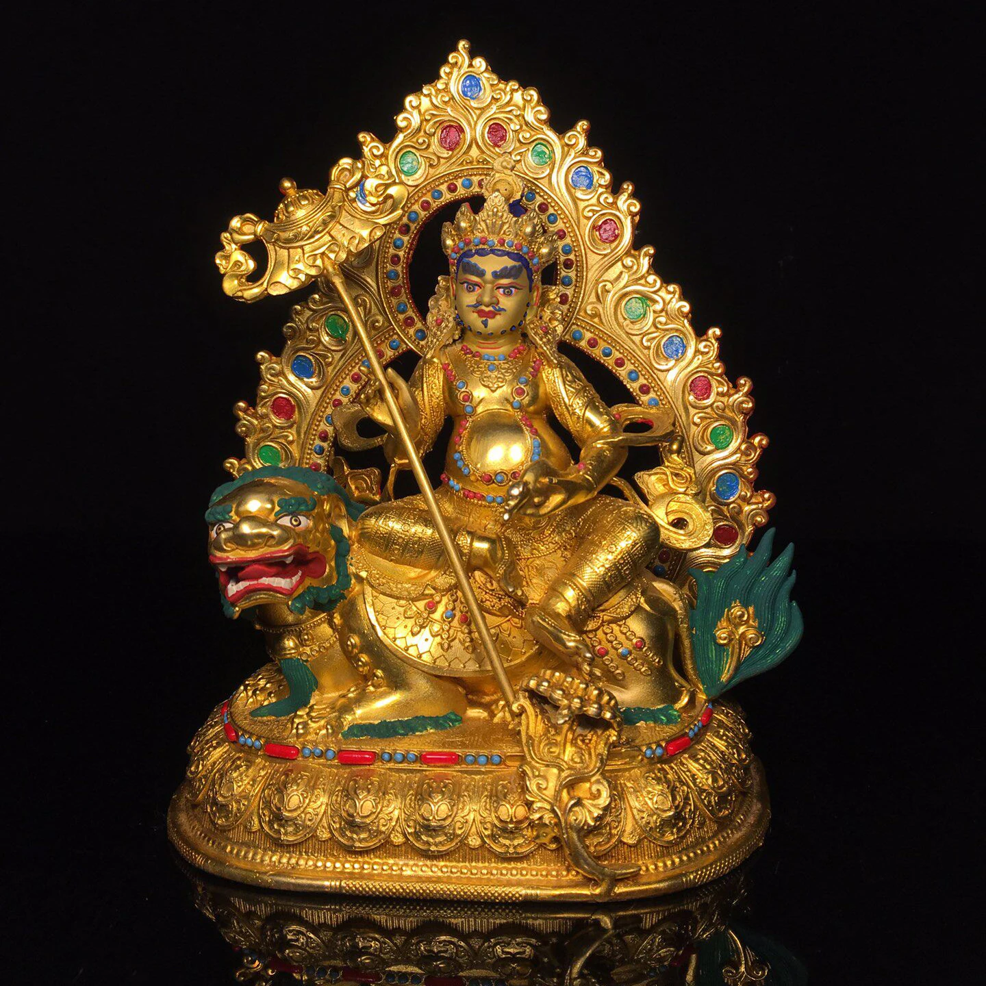 Gilt Copper Wealth Deity Buddha Statue Unique Design Serene Face Fine Craftsmanship Heavy Patina