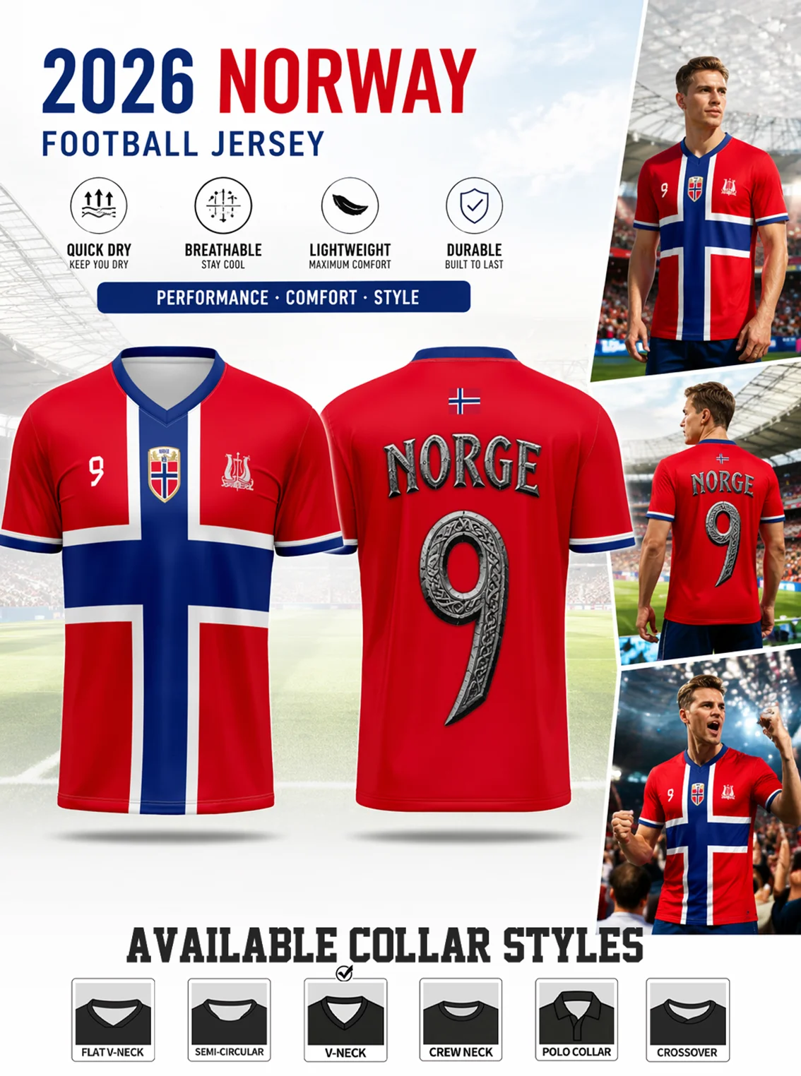 2026 Norway V‑neck soccer jersey, No.9 carved‑style print, national flag cross pattern, quick‑dry fabric