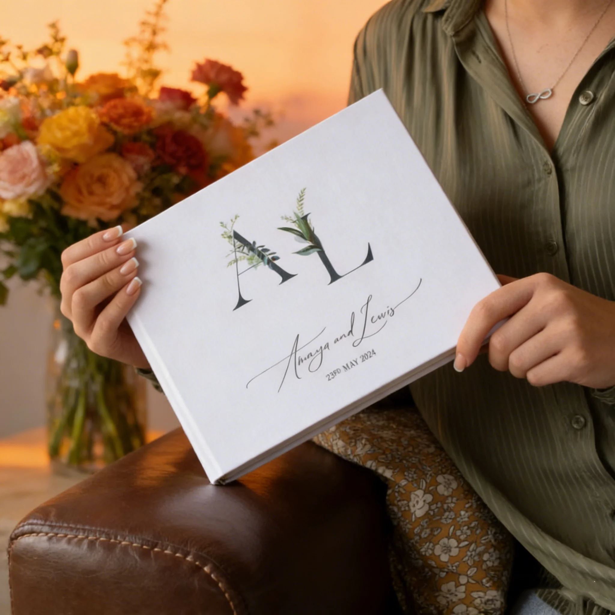 foliage-initials-custom-wedding-guest-book-100-sides-personalised-album-various-color-choices-for-cover-design