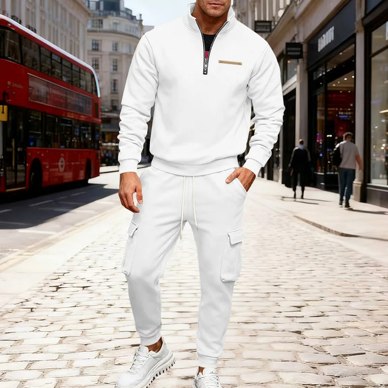 20025 Winter velvet half zipper stand-up collar pullover solid color casual sweater tooling trousers suit men
