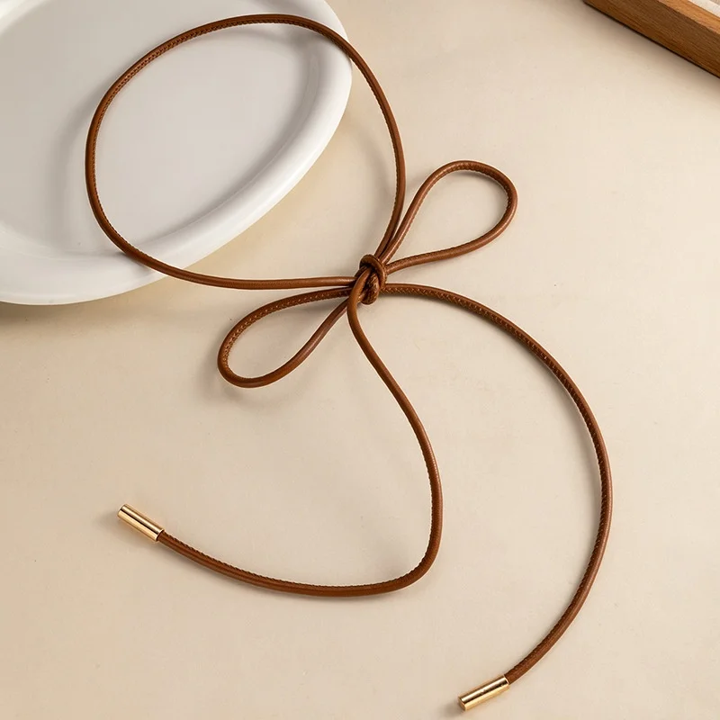 Women Thin PU Leather Waist Belt, Adjustable Knotted Bow Tie‑up Waist Rope with Metal Gold Tip,Waist Chain for Dress Shirt Coat