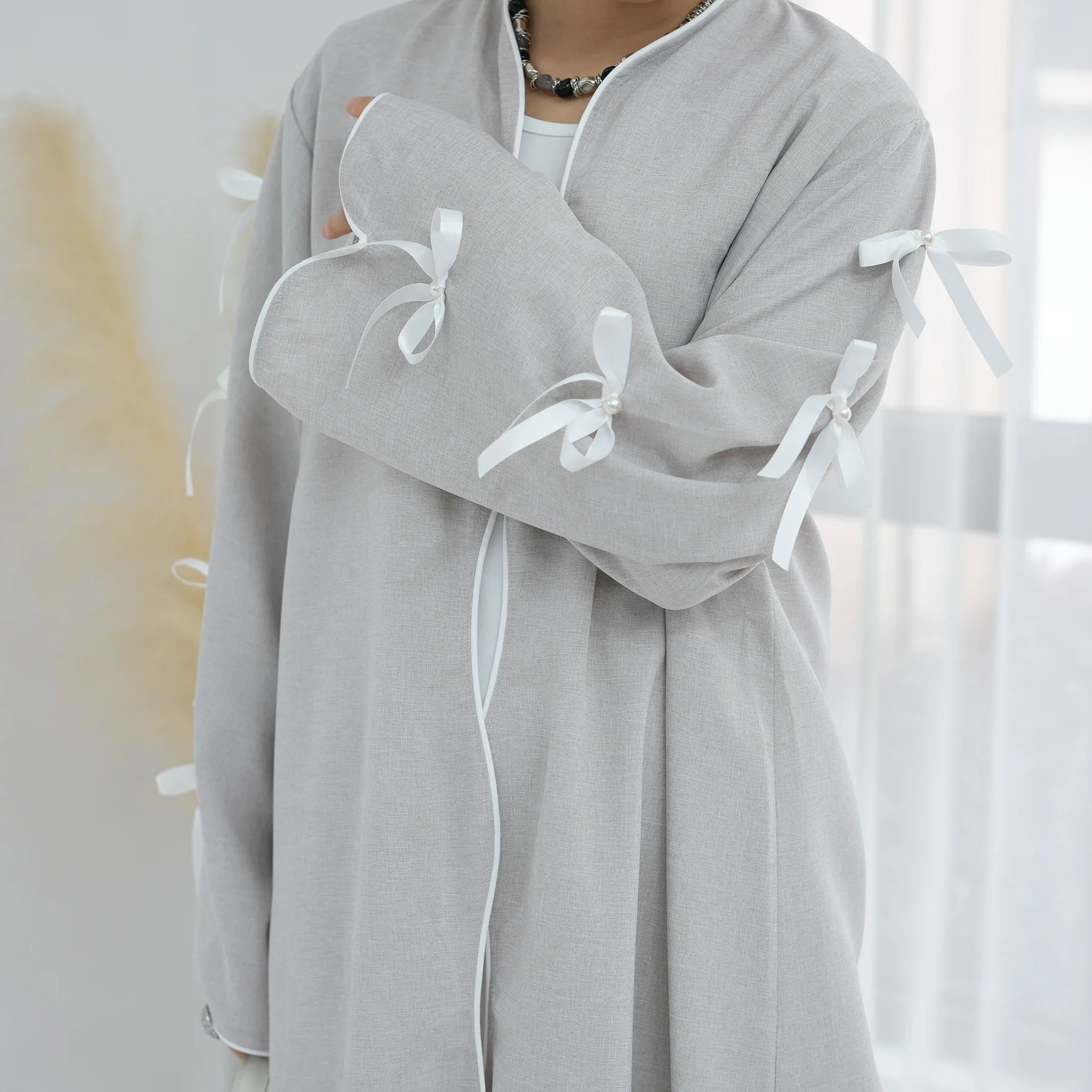 

Elegant Bow Cardigan Dubai Open Abaya Women Muslim Dress Turkey Kaftan Eid Kebaya Caftan Marocain Femme Robe Islam Jalabiya Gown