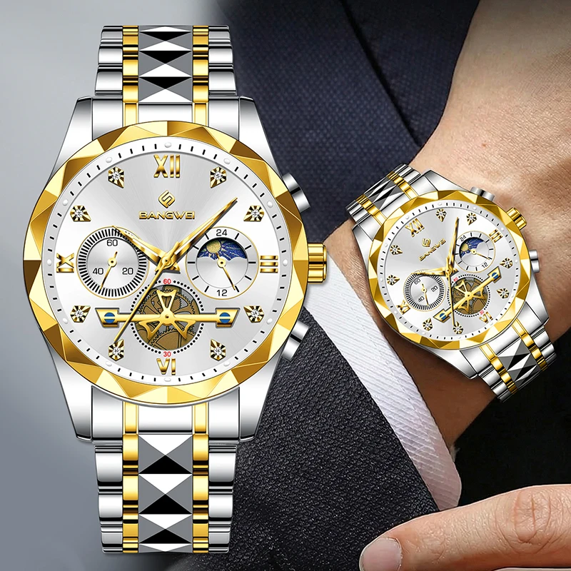 

BANGWEI New Luxury Men Watch Fashion Business Watch Men Waterproof 24 Hours Moon Phase Quartz Chronograph Wrist Watches For Men