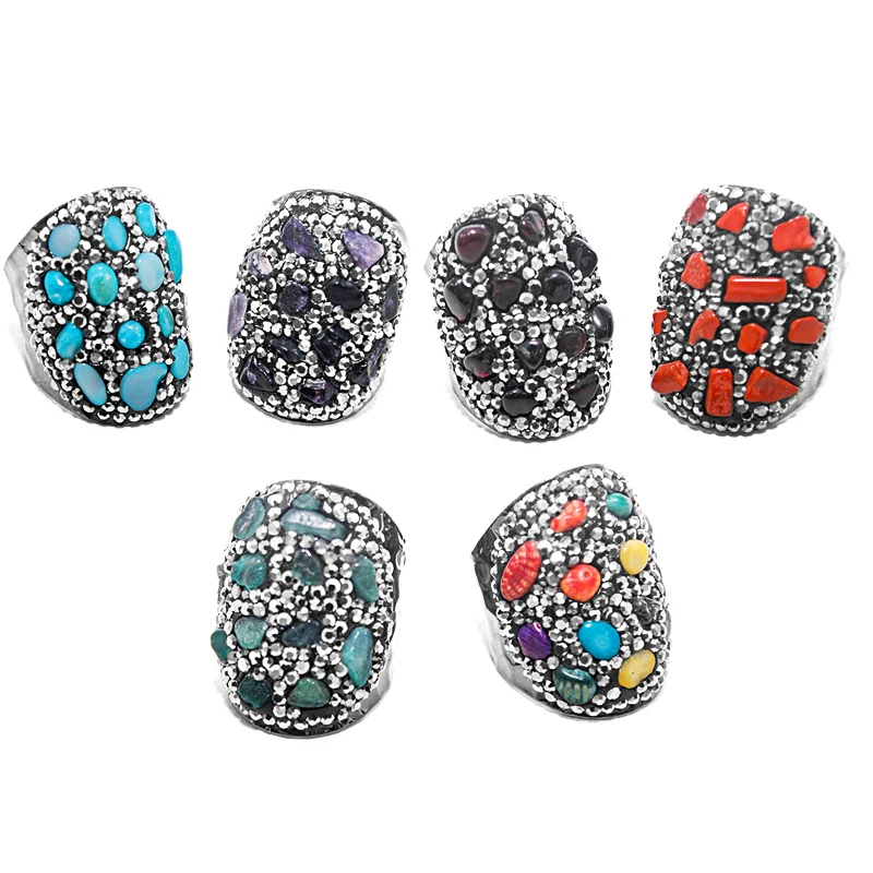 Micro incrustaciones de piedras con Chip, anillo de amatista, Color de pistola negra, cristal curativo Reiki, joyería de dedo abierto ajustable