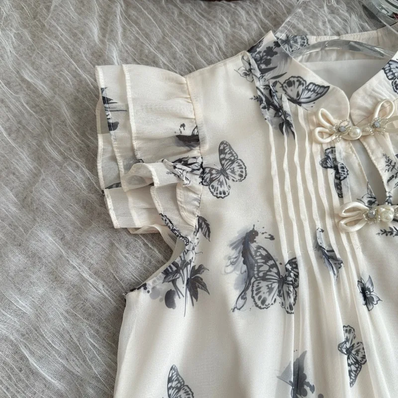 Nuovo stile cinese misto piccolo vestito con maniche volanti gonna da bambola con fibbia da donna