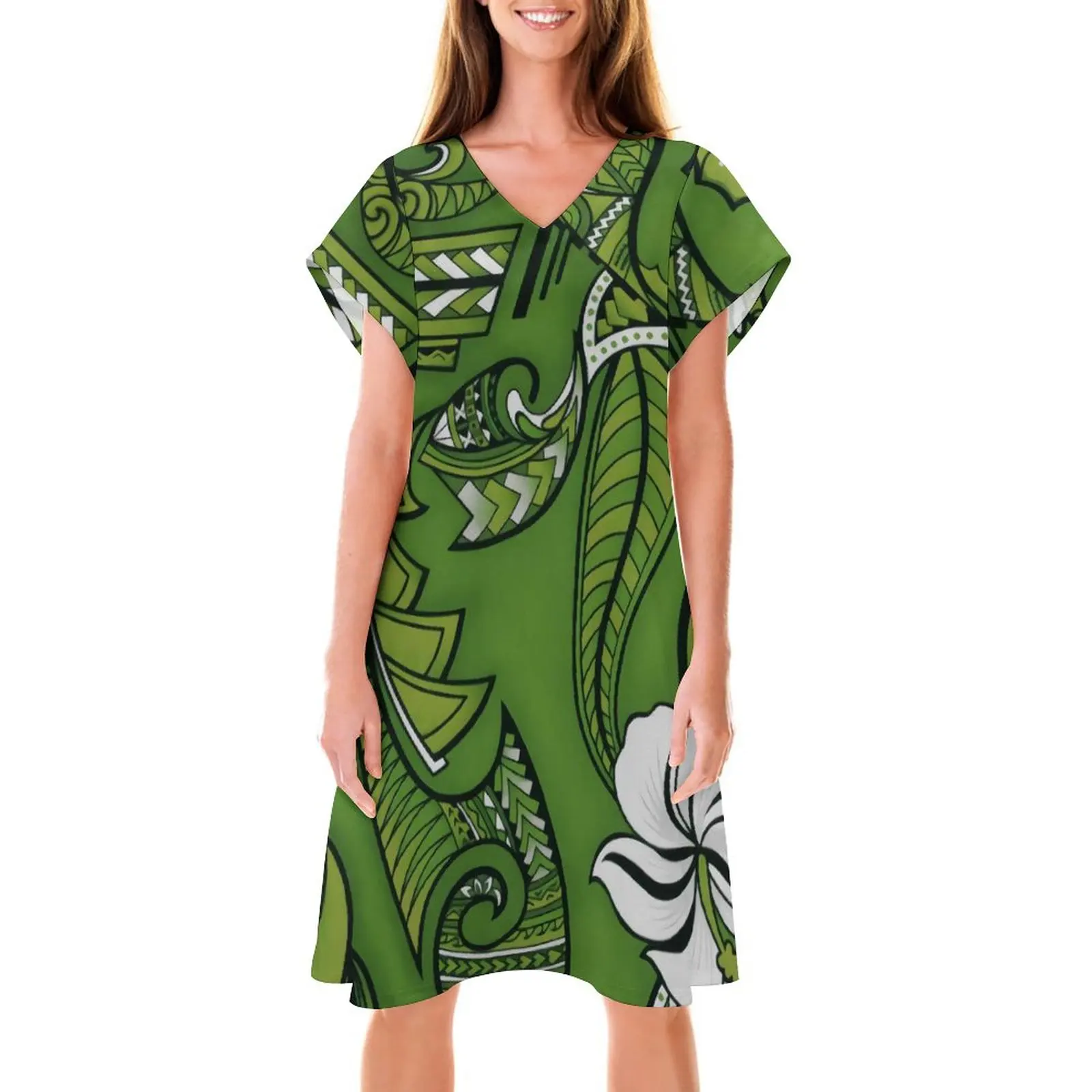 Summer Premium Fashion Dress Factory Outlet Green Polynesian Women Short Sleeve V-Neck Dresses Custom PatternPrint Dresses