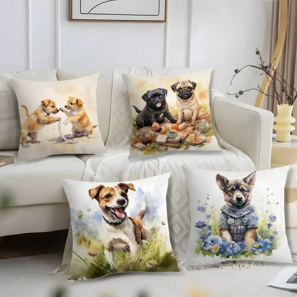 Niedlicher Aquarell-Kissenbezug für Hunde, kurz, Plüschdruck, Kissenbezug, quadratisch, Dekokissenbezüge, Sofa, Heimdekoration