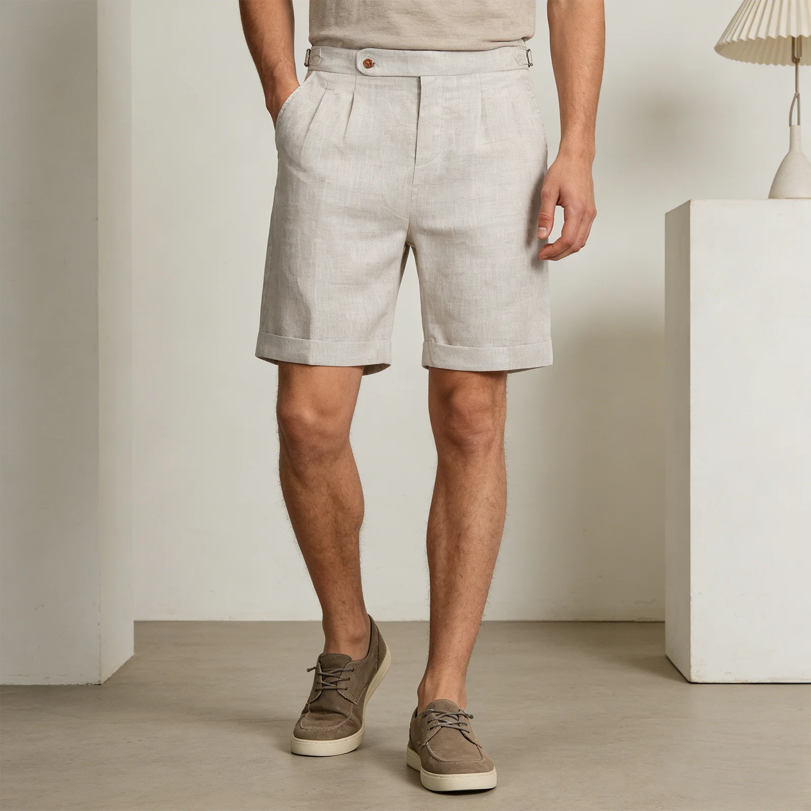 Men's Linen Dress Shorts Lightweight Summer Flat Front Casual Shorts Pleated Adjustable Knee-Length Outfits with Pockets