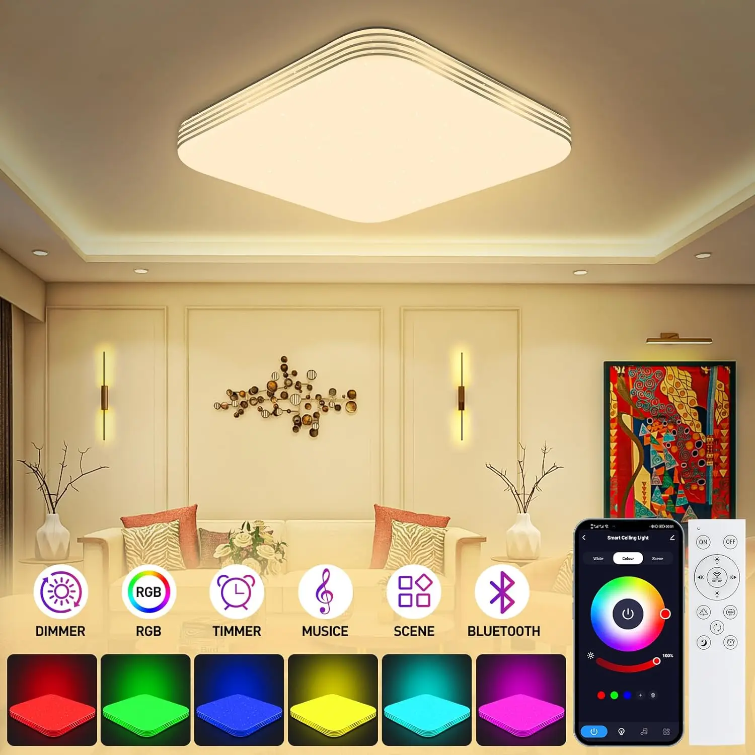 36W Square RGB Ceiling Light 30cm Bathroom Kitchen LED Downlight with Remote App Control Colour Changing Ceiling Lamp for Party
