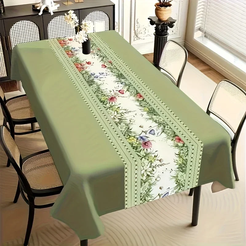 An elegant floral-print tablecloth, made of polyester fiber, is perfect for celebration events.