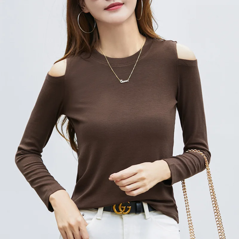 

Spring Autumn Women's Pullover Round Neck Solid Slim Hollow Out Long Sleeve Undershirt T-shirt Casual Office Lady Elegant Tops