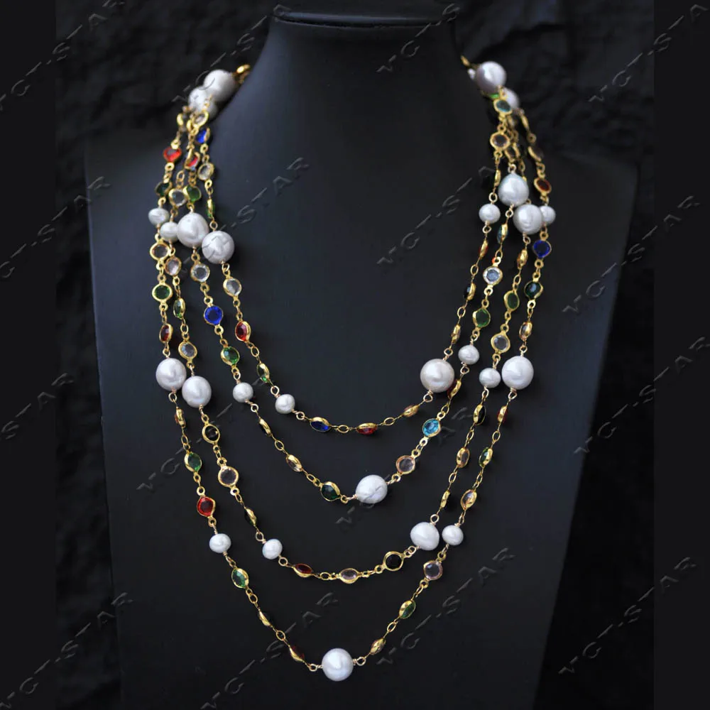 MCT·STAR 75'' 11mm White Round Edison Pearl Multicolor Zircon CZ Chain Long Necklace (Z14459)