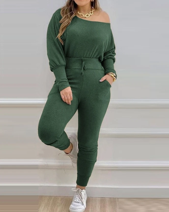 Women\'s two-piece set 2025 spring fashion slanted collar long sleeved top&drawstring high waist casual flared pants sports suit