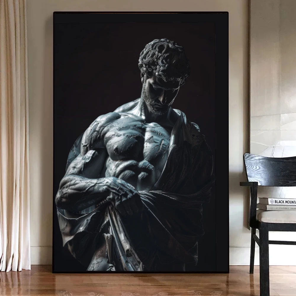 Greek Mythology Stoic Hercules Statue Poster Print Dark Background Sculpture Canvas Painting Modern Aesthetic Home Decor Cuadros