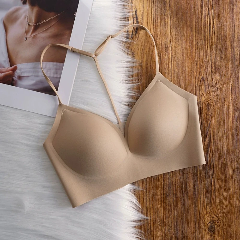 BANERDANNI Cross Strap Backless Bra Women Seamless Summer Thin Skin Tone Foundation One‑Piece Camisole Underwear Size 32‑38