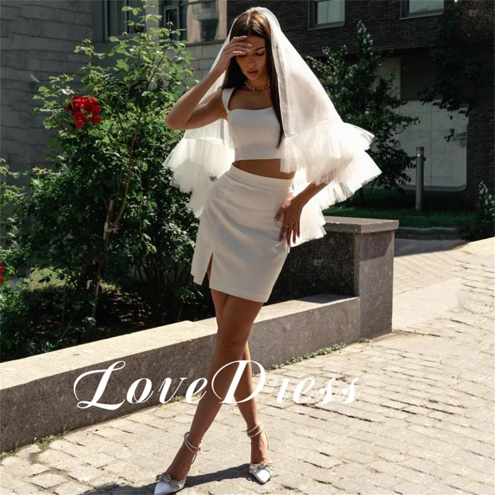 Amore semplice spacco laterale due pezzi senza spalline macchia abito da sposa elegante sopra il ginocchio senza maniche a-line mini sexy personalizzato