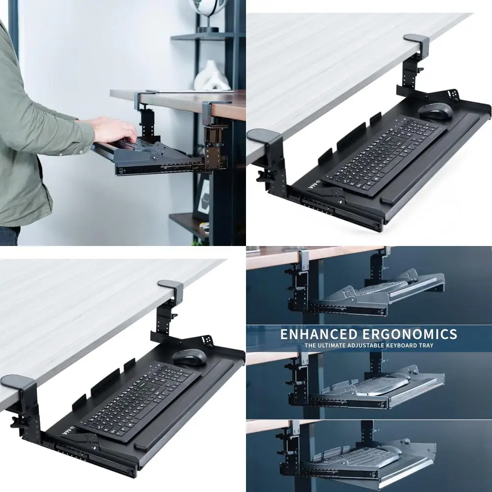 

Large Premium Adjustable Height Keyboard Tray, Sturdy Swivel Clamps, 27 x 11 Slide-Out, Black