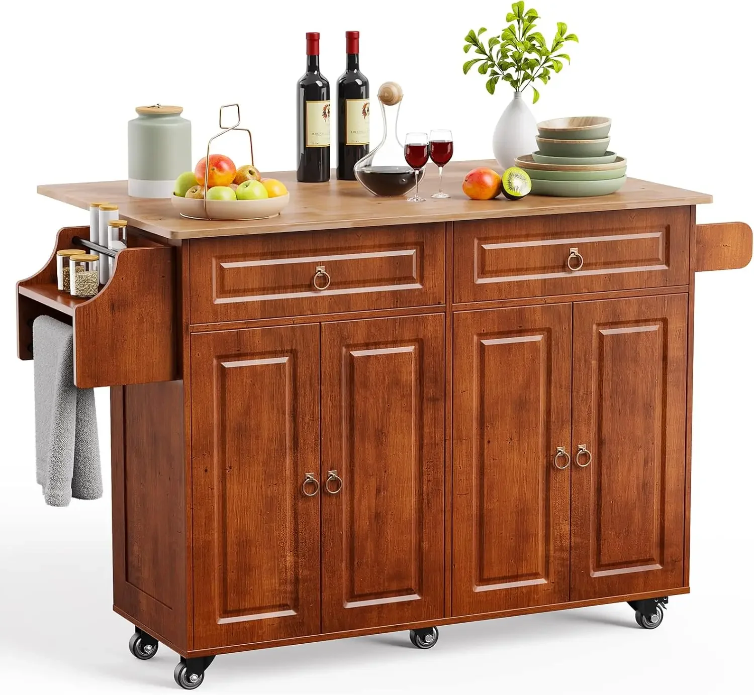 Island with Drop Leaf and Storage, on Wheels Two Drawers, Large Storage Cabinet, Towel Rack Spice Cart Brown