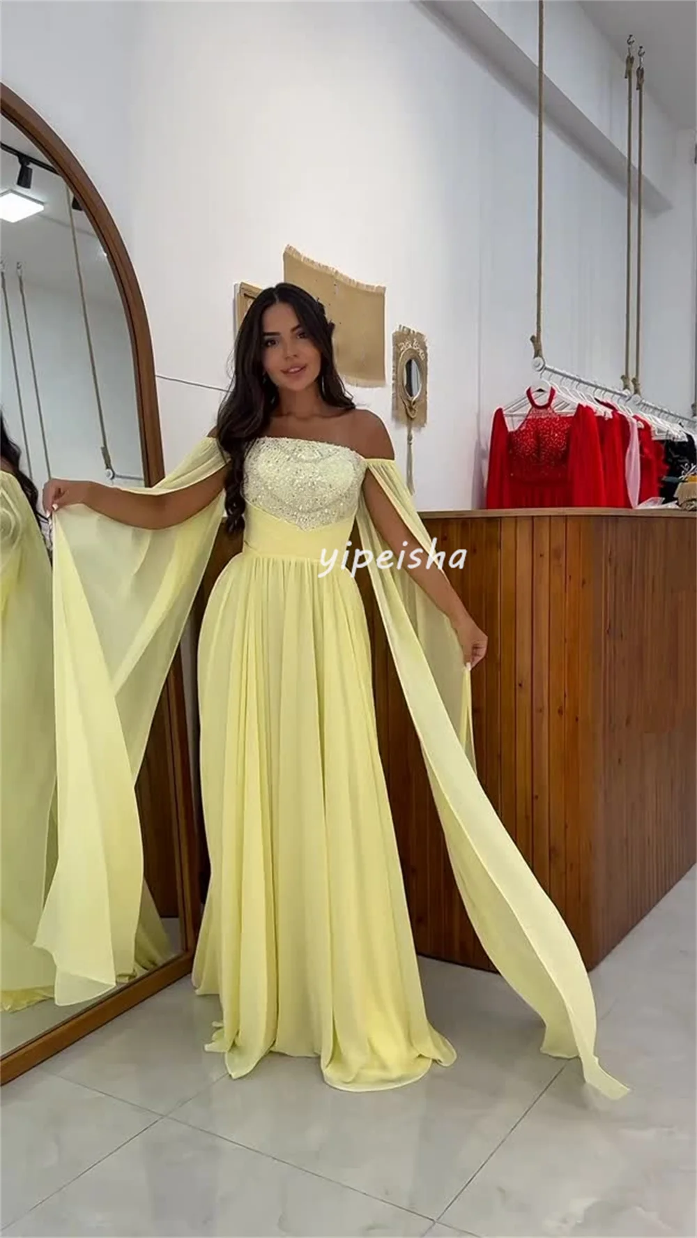 맞춤형 현대 스타일 패션 쉬폰 스팽글 구슬 스트레이트 오프 숄더 롱 드레스 맞춤형 행사 드레스 클래식