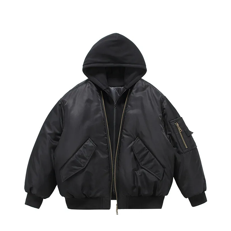 Fake Two Pilot Cotton Jackets Mens Winter New High Street Trend Thickening Hooded Bomber Coats Multiple Pockets Short Parkas