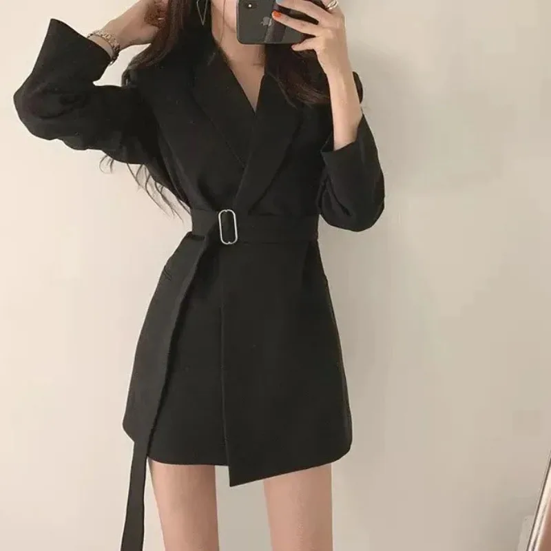 Mid-Length Chic Blazer Jacket Women's Outwear Vintage Belt Korean Style Casual Y2k Blazer Coat 2025 Spring Autumn Blazer Tops