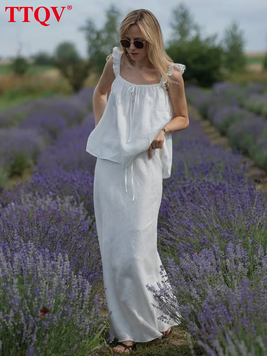 

TTQV Summer Loose White Cotton Skirt Set 2 Piece Woman 2026 Elegant Sleeveless Tank Top With High Waist Long Skirt Set Female