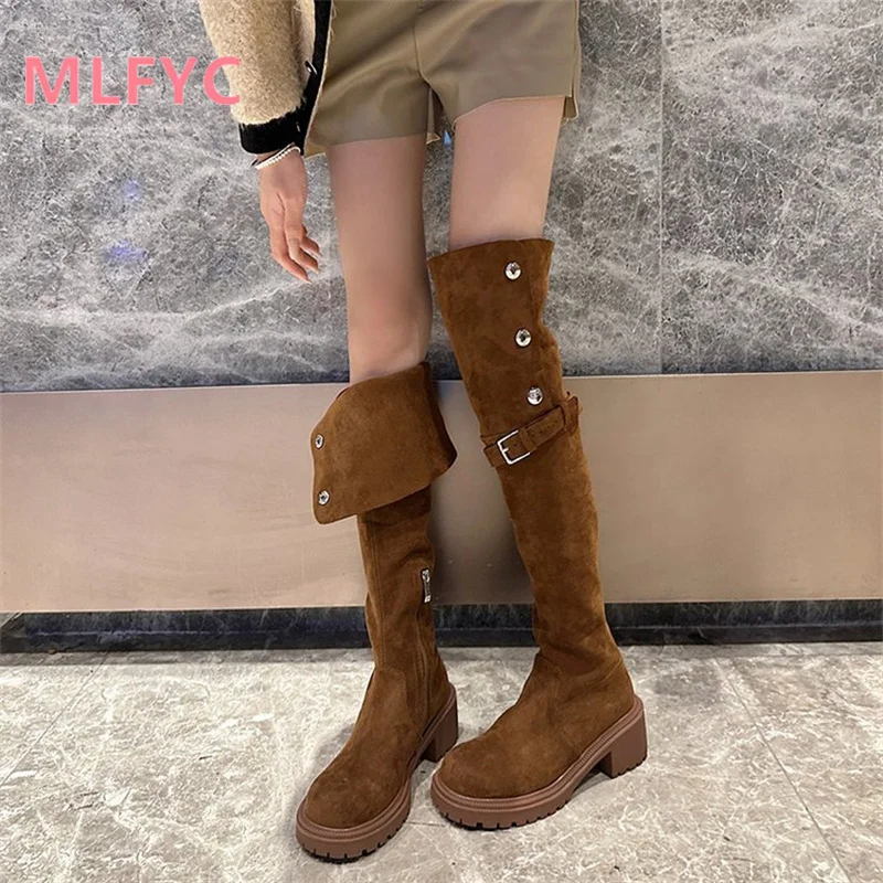 

Retro Two Wear Knee Over Boots Women's 20 Autumn/Winter New Elastic Stacked Boots Thick Heel Thick Sole High Barrel Knight Boots