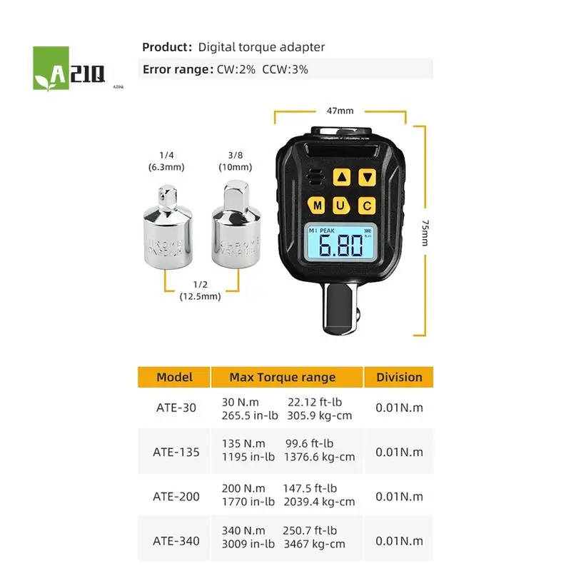 

A21Q -Digital Torque Adapter 17-340N.M Adjustable 1/2 Electronic Torque Wrench Bicycle Car Motorcycle Repair Tools