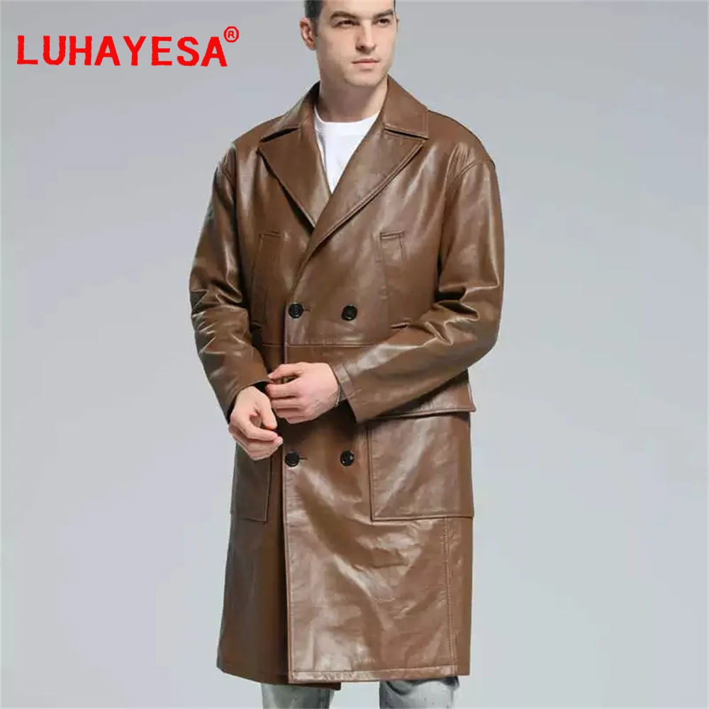 2024 Luhayesa Men Spring Autumn Genuine Leather Sheepskin Clothes Male Long Trench Coat