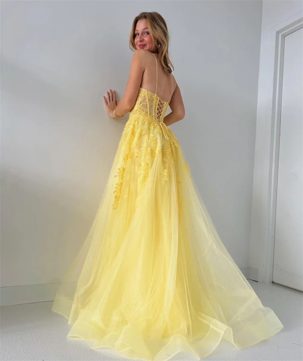 Jessica-Vestidos De Fiesta De tul amarillo con apliques bordados, vestido De princesa para graduación, corsé dulce, 2024