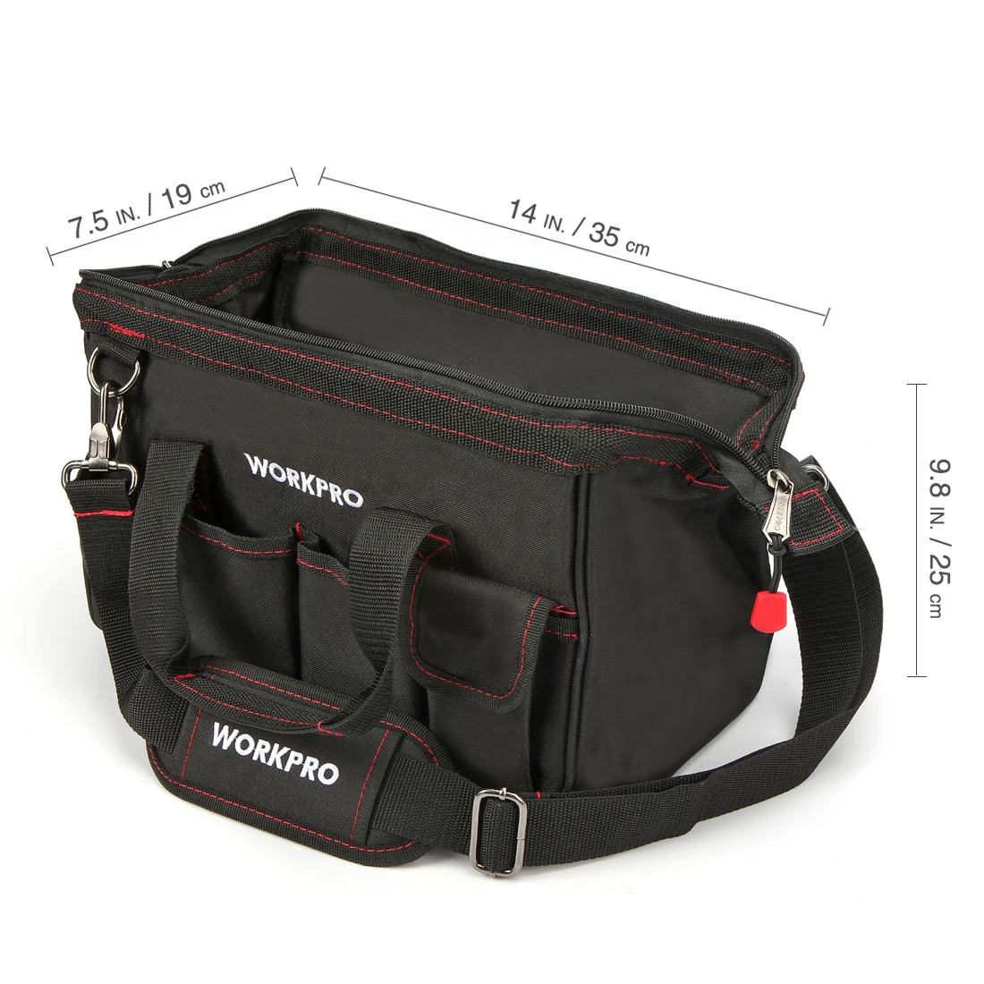 WORKPRO 14-inch Close Top Wide Mouth Storage Tool Bag, Multi-pocket Tool Organizer with Adjustable Shoulder Strap