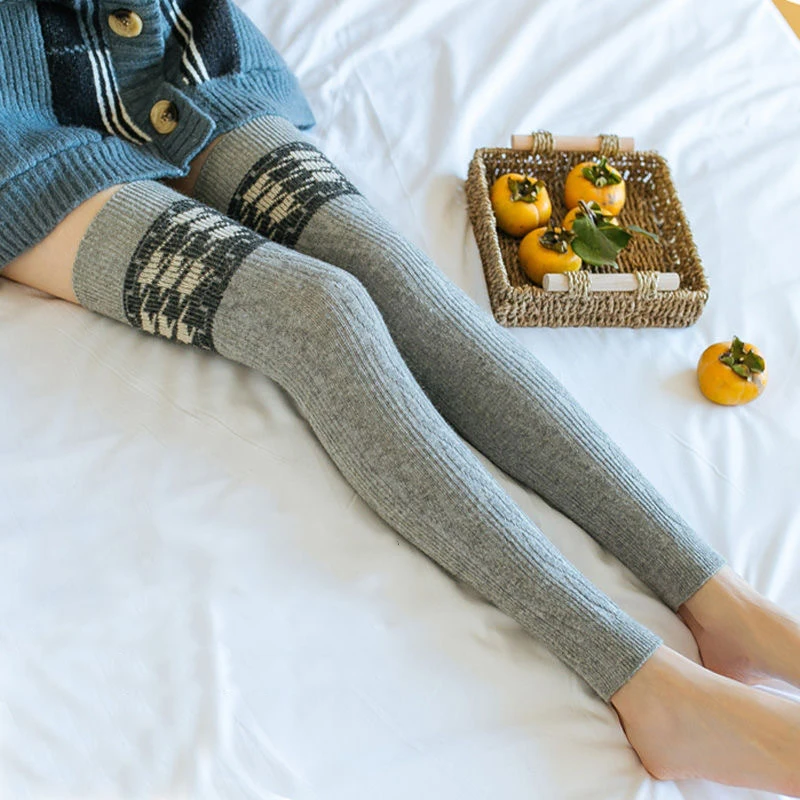 

Winter Warm Wool Women's Leg Covers Knitting Thick Bare Feet Stockings Lolita Houndstooth Fashion Versatile Thigh High Sock