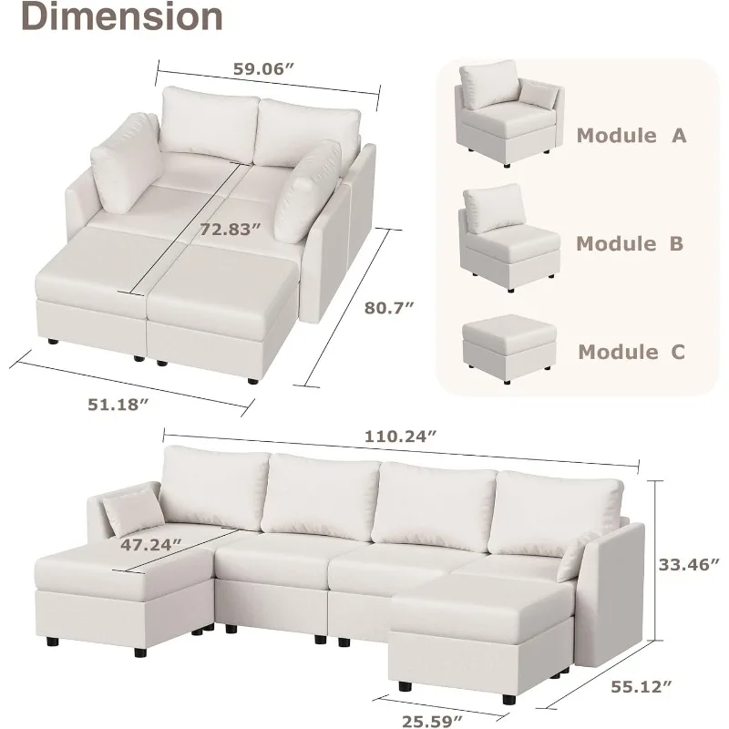 Divano componibile modulare con contenitore, divani componibili convertibili a 6 posti per soggiorno, divano componibile a forma di U con chaise longue