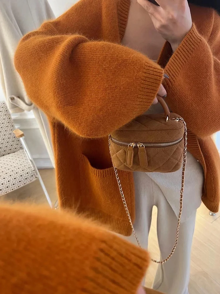 

Ele Pumpkin Orange V-Ne Raccoon Fce Open Cardigan Women's Loose Lazy Mid-Length Knitted Open Cardigan Autumn Winter