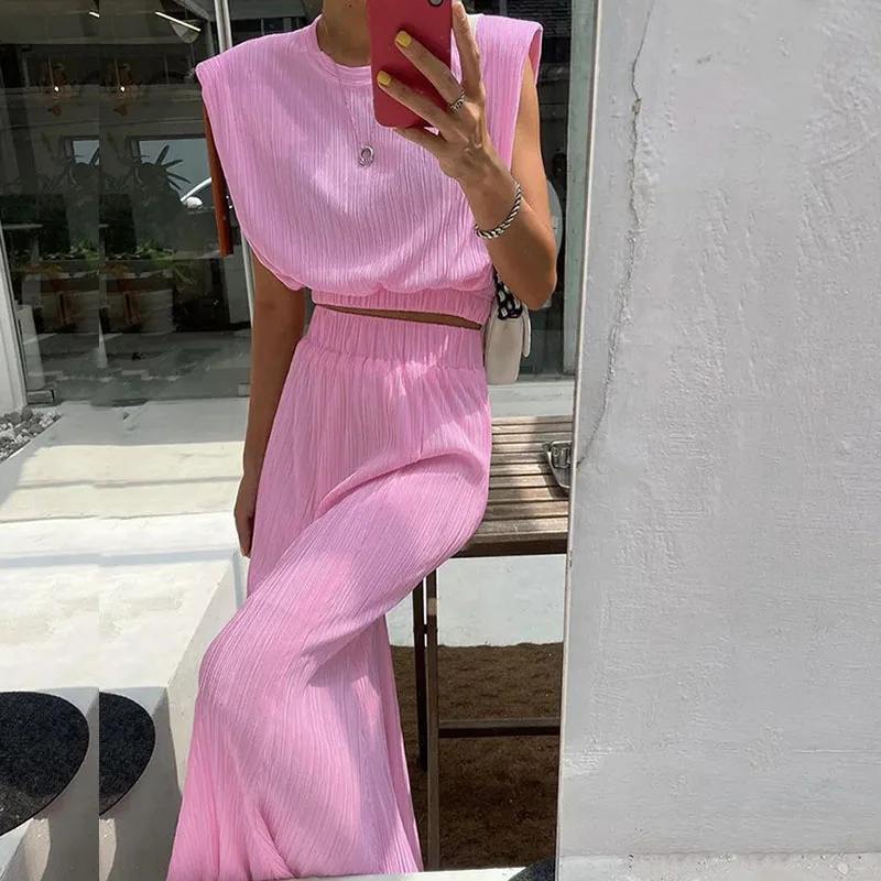 

Casual O Neck Sleeveless Top with Long Skirt Suit New Solid Color Loose Women's Two Piece Set 2024 Summer Vacation Pleats Outfit