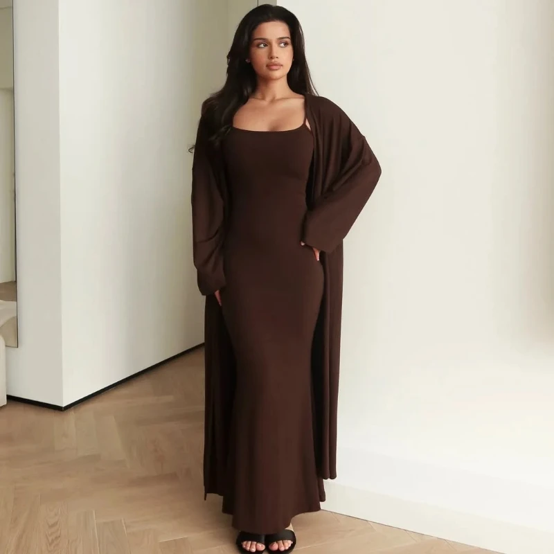 

Модное сексуальное повседневное облегающее однотонное платье без рукавов на подтяжках с запахом на бедрах, длинный стильный кардиган, ленивое пальто, женская одежда из двух предметов