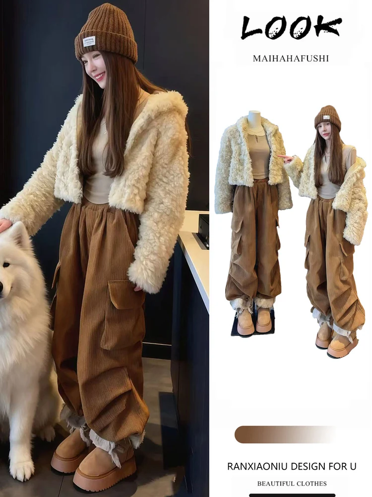 

Стильный утепленный зимний комплект для женщин: универсальный жилет из овечьей шерсти и широкие брюки для работы, модный набор